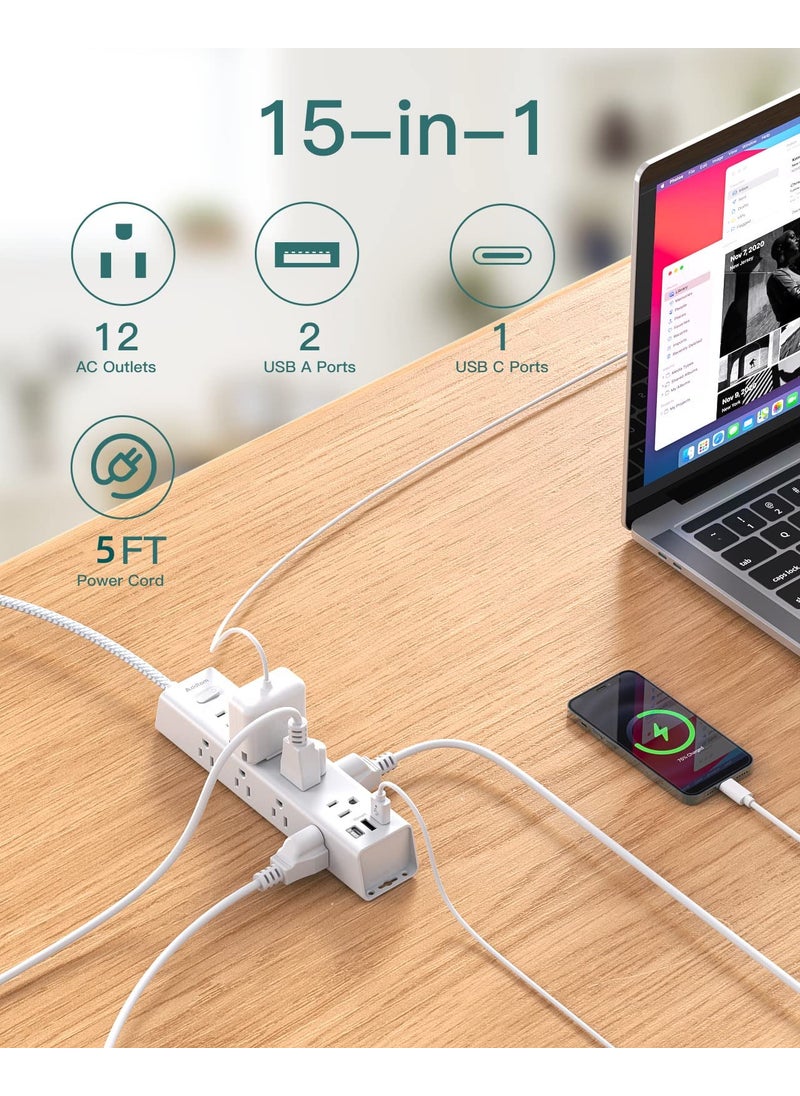 Addtam Desk Power Strip Surge/Overload Protector - Flat Plug, Power Strip, 12 Widely AC Outlets 3 USB (1-USB C), Extension Cord with USB Ports, Wall Mount for Dorm Home Office, ETL Listed  - Image 2