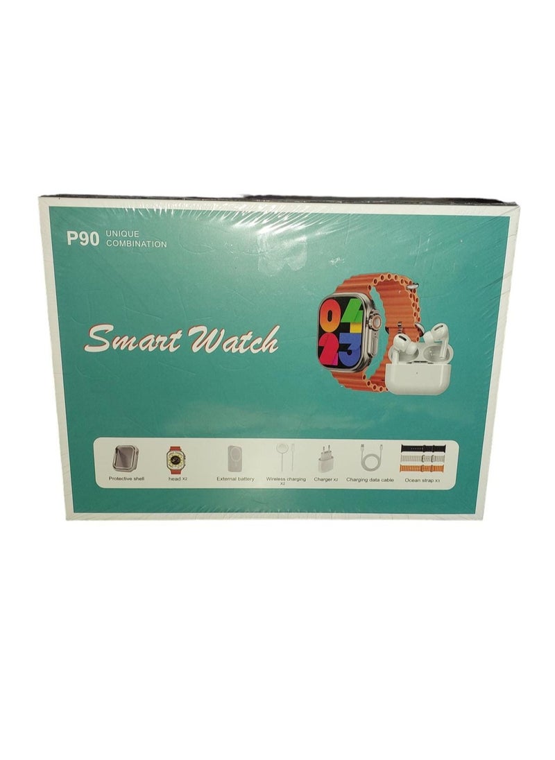 Generic - P90 Unique Combination smartwatch with 3 straps Bluetooth earphone, External Battery and Adaptor charger Combo - Image 1