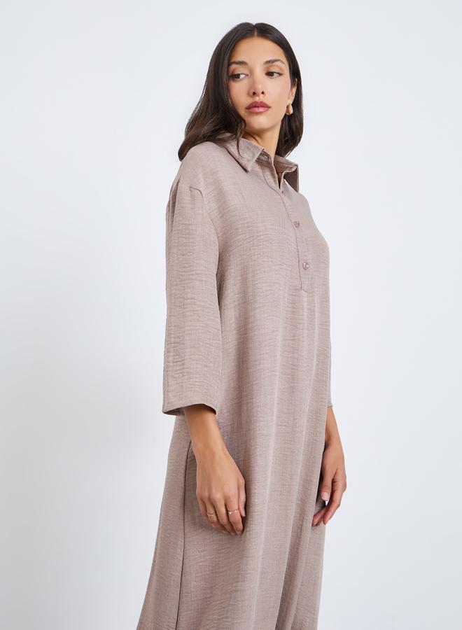 Amirah Women Beige Contrast Hem Collared Jalabiya - Image 2