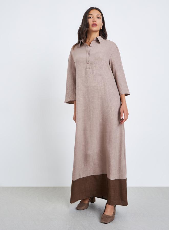 Amirah Women Beige Contrast Hem Collared Jalabiya - Image 3