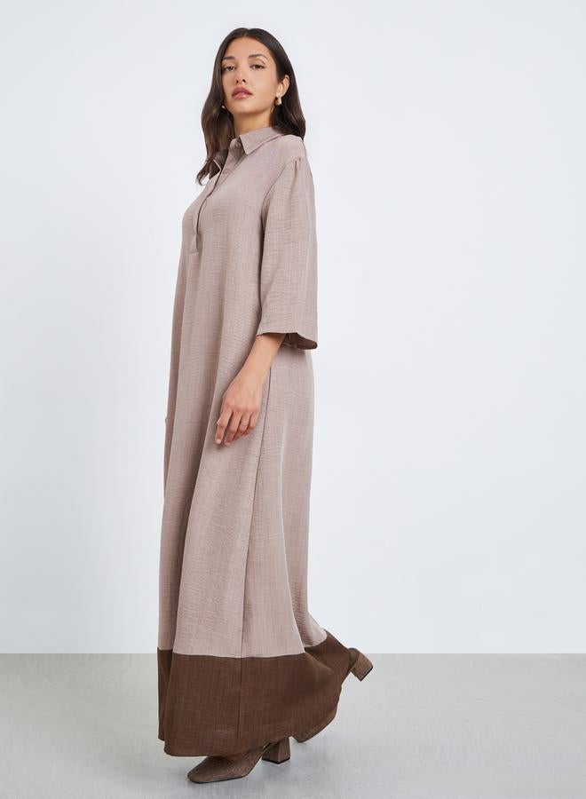 Amirah Women Beige Contrast Hem Collared Jalabiya - Image 1