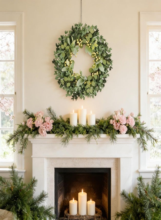 Egolot 22 Inch Soft Touch Boxwood Wreath for Front Door - All Seasons Greenery Wreath with Lambs Ear & White Berries, Spring Door Wreath, Winter Wreaths for Front Door Outside, Year Round Door Decor - Image 3