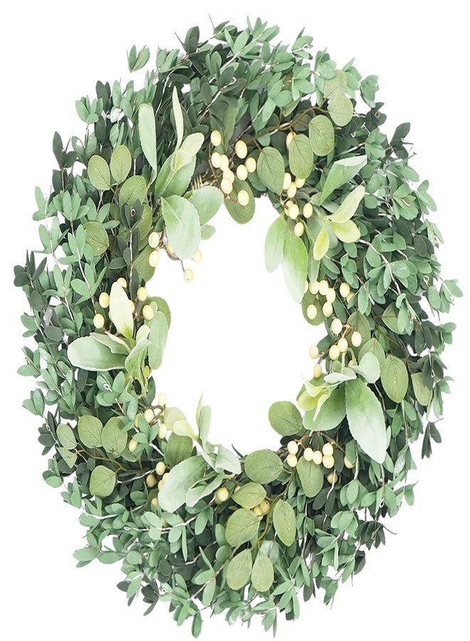 Egolot 22 Inch Soft Touch Boxwood Wreath for Front Door - All Seasons Greenery Wreath with Lambs Ear & White Berries, Spring Door Wreath, Winter Wreaths for Front Door Outside, Year Round Door Decor - Image 1