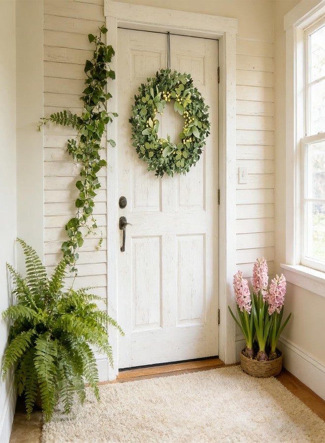 Egolot 22 Inch Soft Touch Boxwood Wreath for Front Door - All Seasons Greenery Wreath with Lambs Ear & White Berries, Spring Door Wreath, Winter Wreaths for Front Door Outside, Year Round Door Decor - Image 5