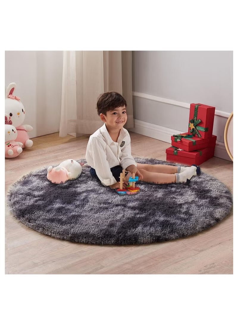 Tie-Dyed Dark Grey Round Rug Ultra-Soft Plush Modern Circle Area Rug for Kid's Bedroom, Fluffy Circular Rug for Nursery Room, Non-Slip Tie-Dyed Dark Grey Rug for Teen's Room  - Image 3