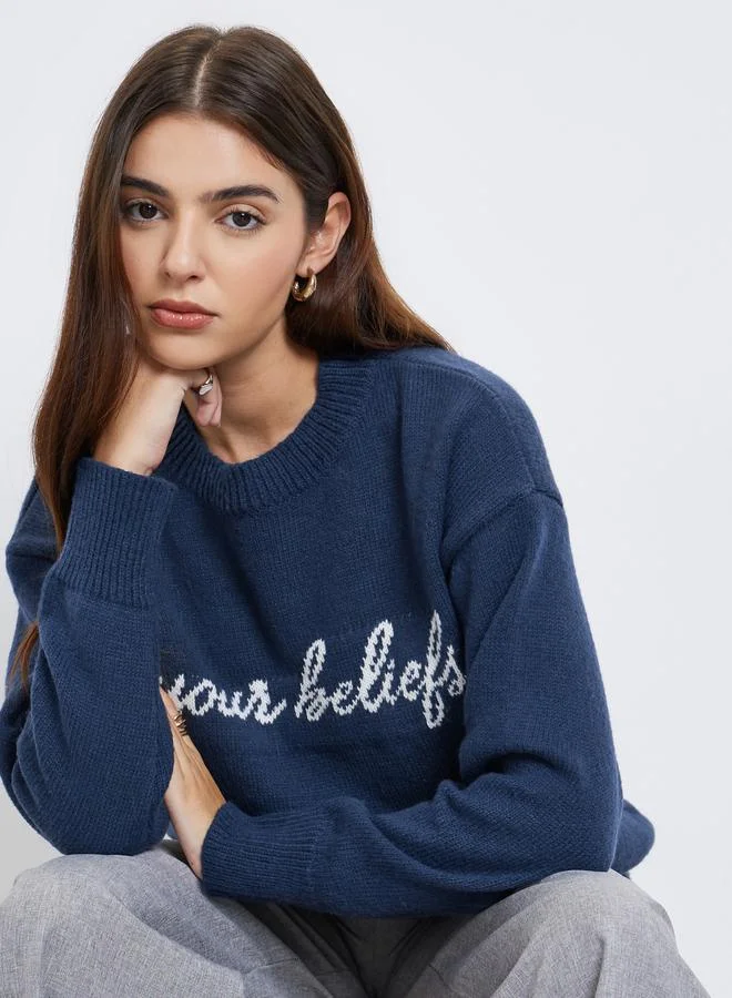 Styli Styli Dark Blue Embroidered Slogan Sweater