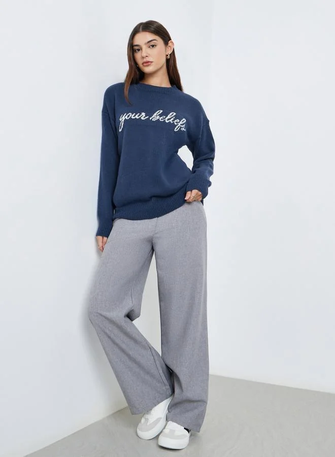 Styli Styli Dark Blue Embroidered Slogan Sweater