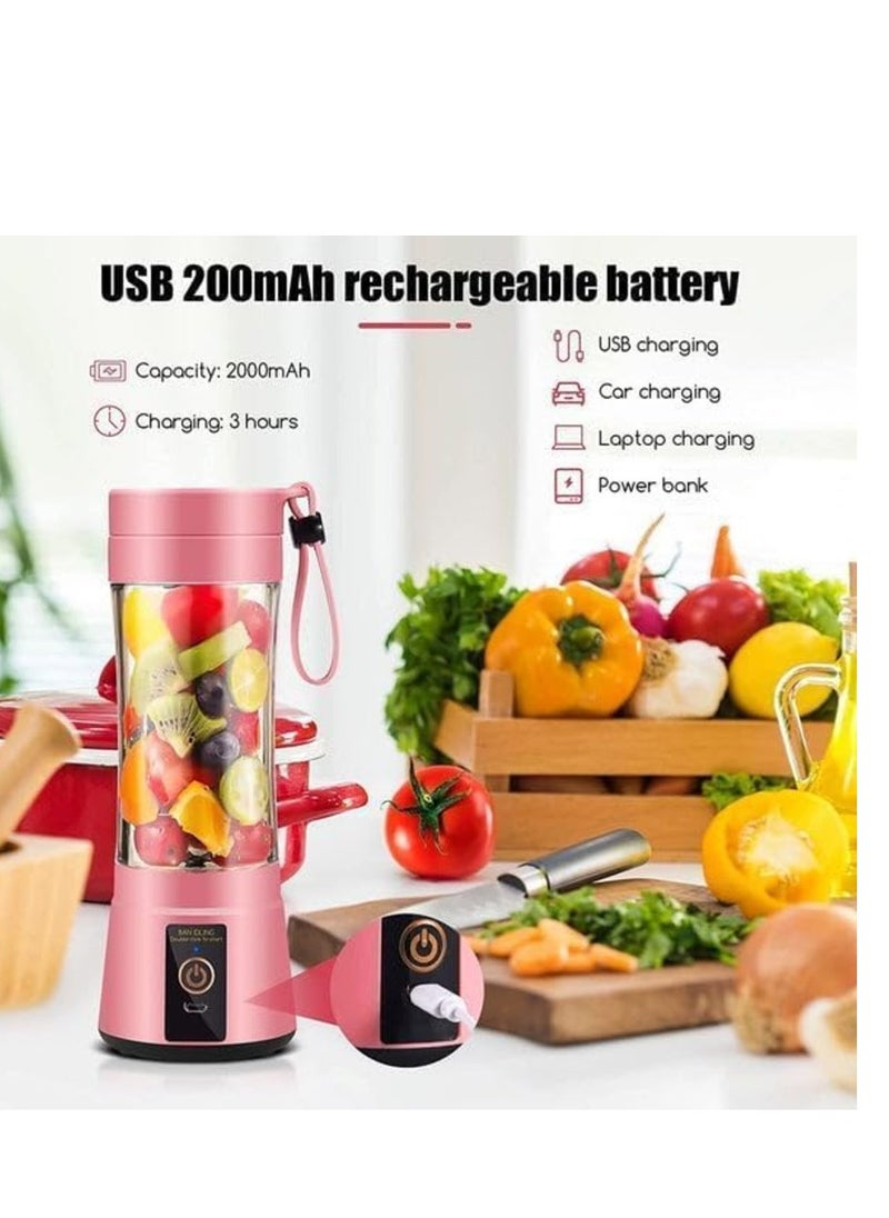 Portable Blender Cup, Electric USB Juicer Blender for Shakes and Smoothies, Juice, Mini Blender with 380ml Capacity and Six Blades for Great Mixing, Lightweight and Convenient (Pink)