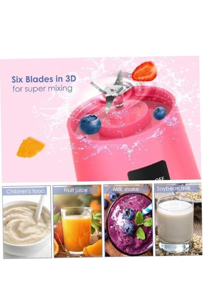 Portable Blender Cup, Electric USB Juicer Blender for Shakes and Smoothies, Juice, Mini Blender with 380ml Capacity and Six Blades for Great Mixing, Lightweight and Convenient (Pink)