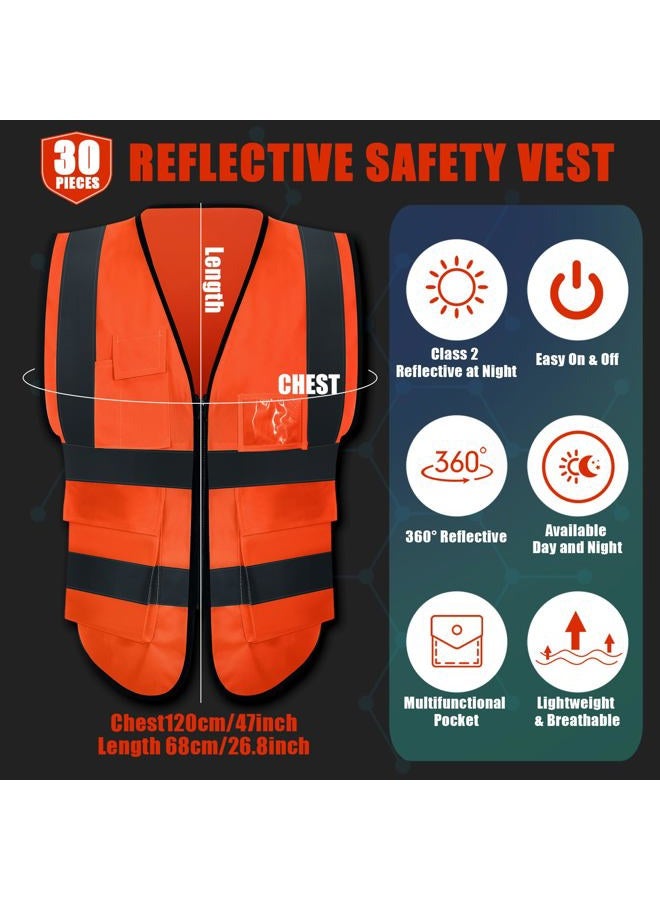 Leumoi 30 Pcs Reflective Safety Vest with Pockets and Zipper High Visibility Vest for Women Men Work, Orange, 22.8 x 26.8 inch - Image 2