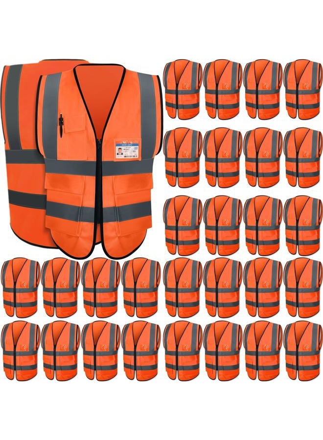 Leumoi 30 Pcs Reflective Safety Vest with Pockets and Zipper High Visibility Vest for Women Men Work, Orange, 22.8 x 26.8 inch - Image 1