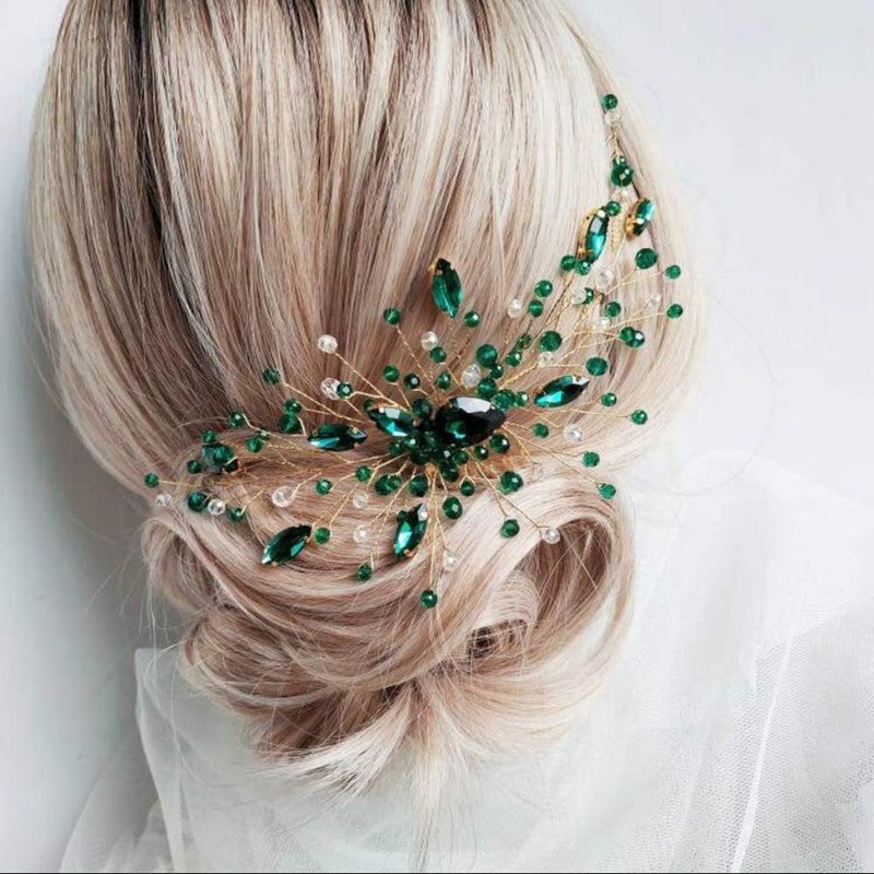 Aimimier Bridal Green Crystal Hair Comb Emerald Rhinestone Hair Vine Prom Party Festival Wedding Hair Accessories for Women Gold