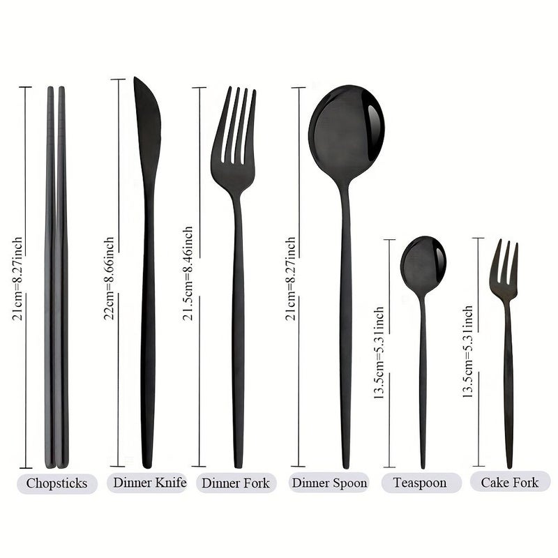 24 Piece Black Silvery Stainless Steel Cutlery Set Mirror Finish Knife Fork Spoon Tea Spoon Cake Fork Round Chopsticks Wedding Kitchen Family Gift - Image 2