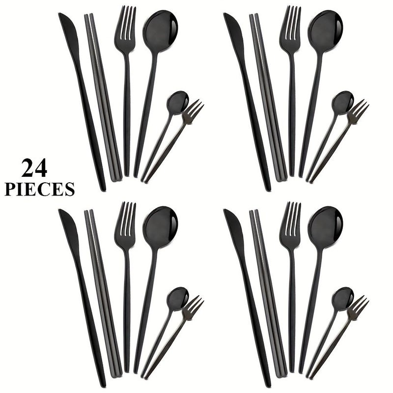 24 Piece Black Silvery Stainless Steel Cutlery Set Mirror Finish Knife Fork Spoon Tea Spoon Cake Fork Round Chopsticks Wedding Kitchen Family Gift - Image 3