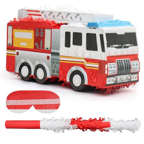 Birchio Small Fire Truck Pinatas Bundle with a Blindfold and Bat161x8x51 Inches Perfect for Firetruck Birthday Decorations Boys Birthday Party Supplies - Image 1