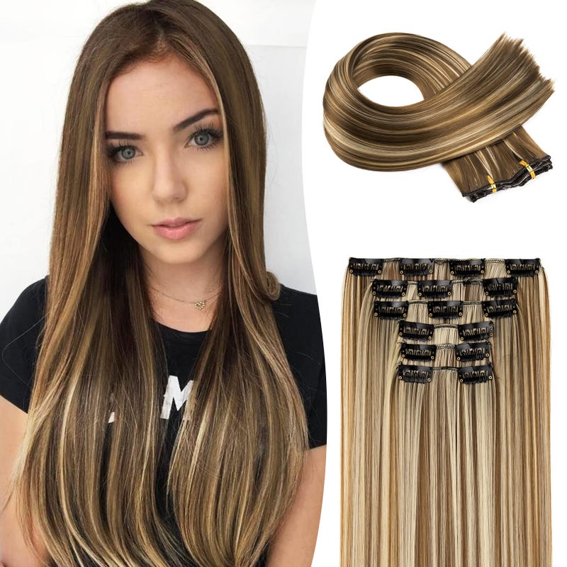 LONAI Clip in hair extensionsLONAI 6PCS Straight 24 Hair Extensions for WomenHeat Resistant Synthetic HairpieceBrown with Light Blonde