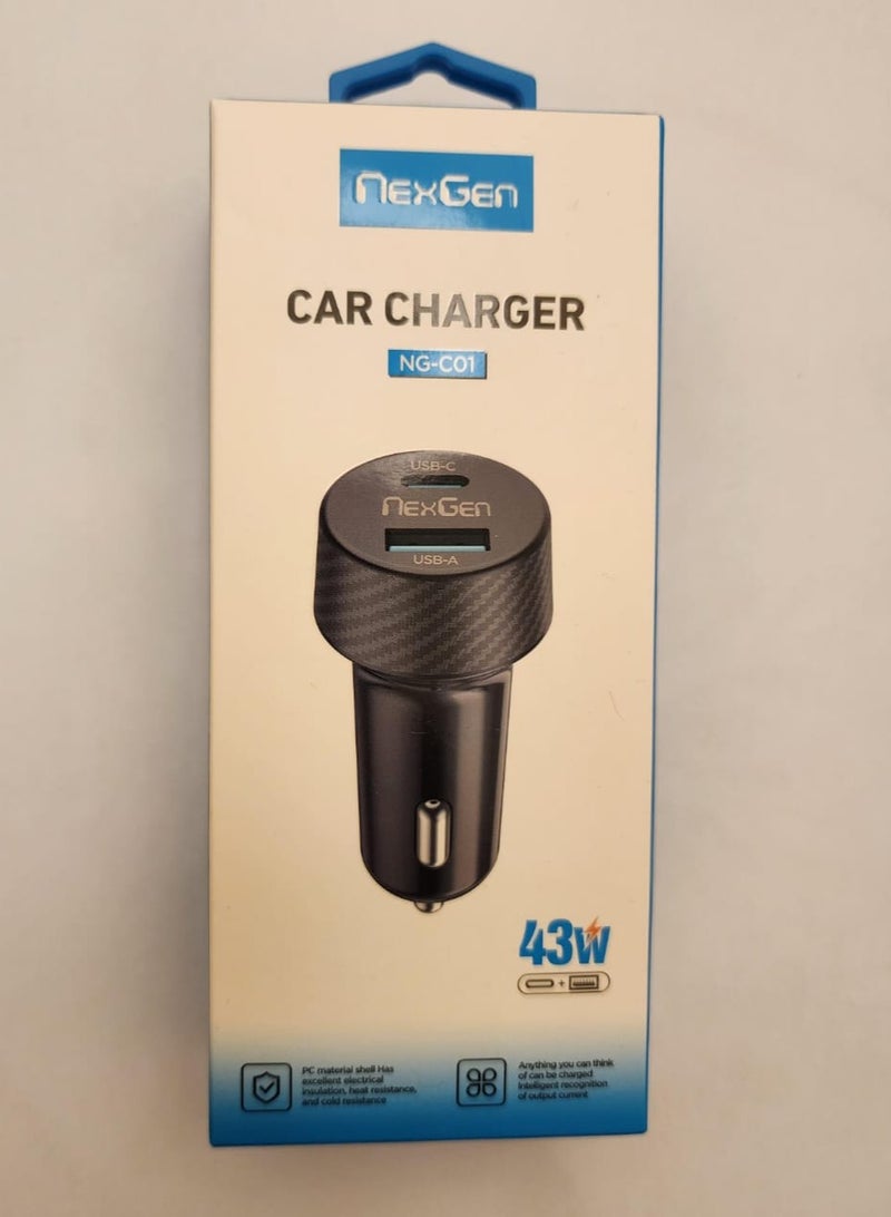 43W fast car charger USB output and Type-C output