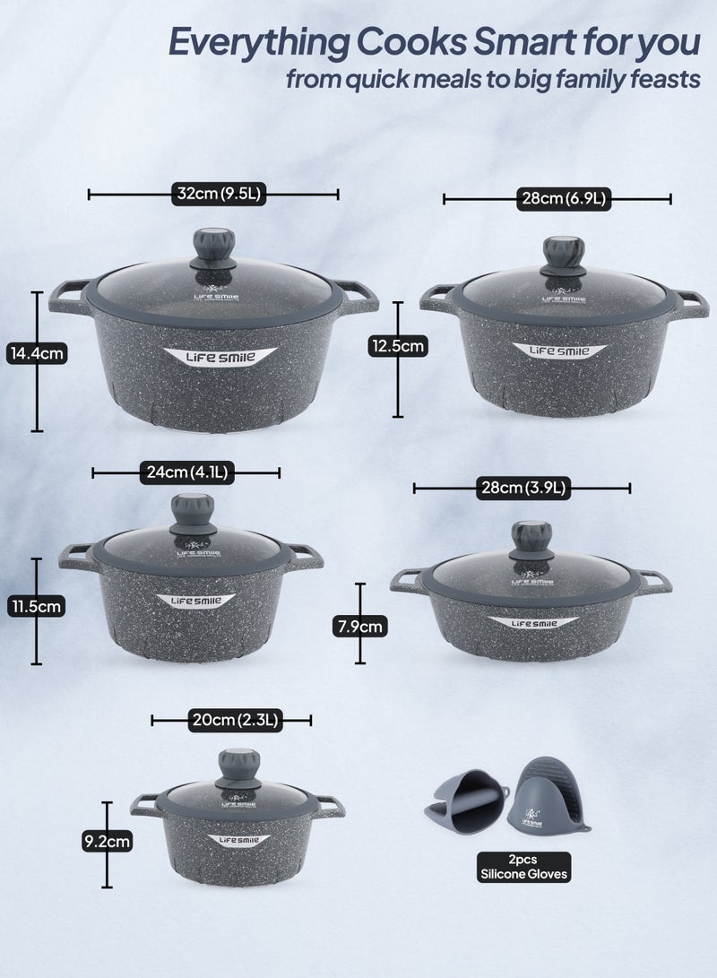 Life Smile 12pcs Nonstick Granite Cookware Set – Premium Non Stick Cookwares & Kitchen Cooking Pots | Induction Base Pots & Pans Cookware Set | Casseroles (20/24/28/32cm) with Lids + 28cm Shallow Pot & 2 Silicone Utensils - Image 3