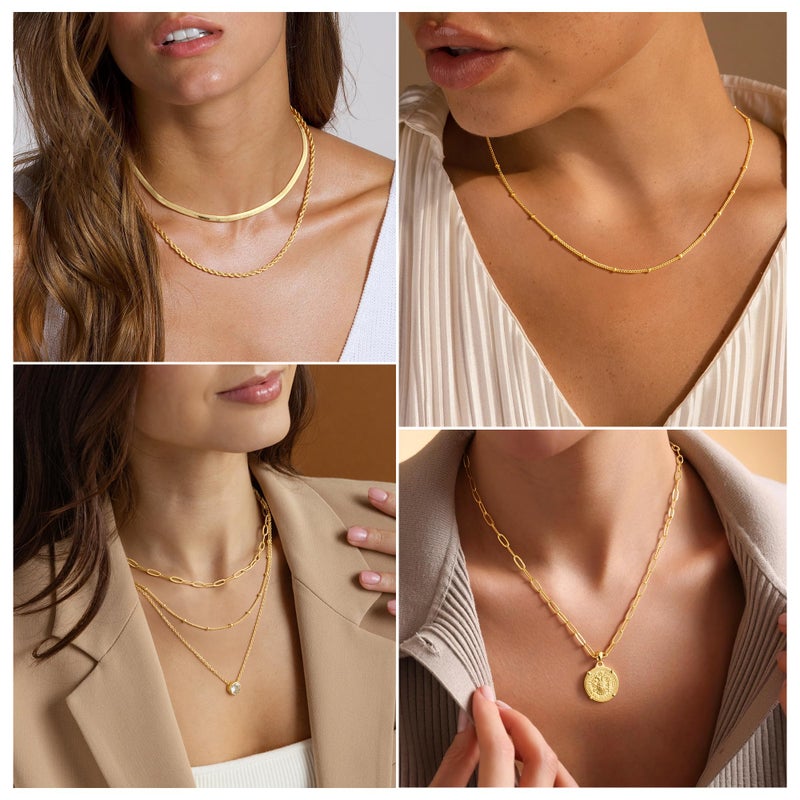 M MOOHAM Layered Gold Necklaces for Women, 14K Gold-Plated Dainty Stackable Pendant Necklace Set, Layering Snake Rope Chain Coin Pendant Necklace Trendy Women's Jewelry Gifts Set - Image 5