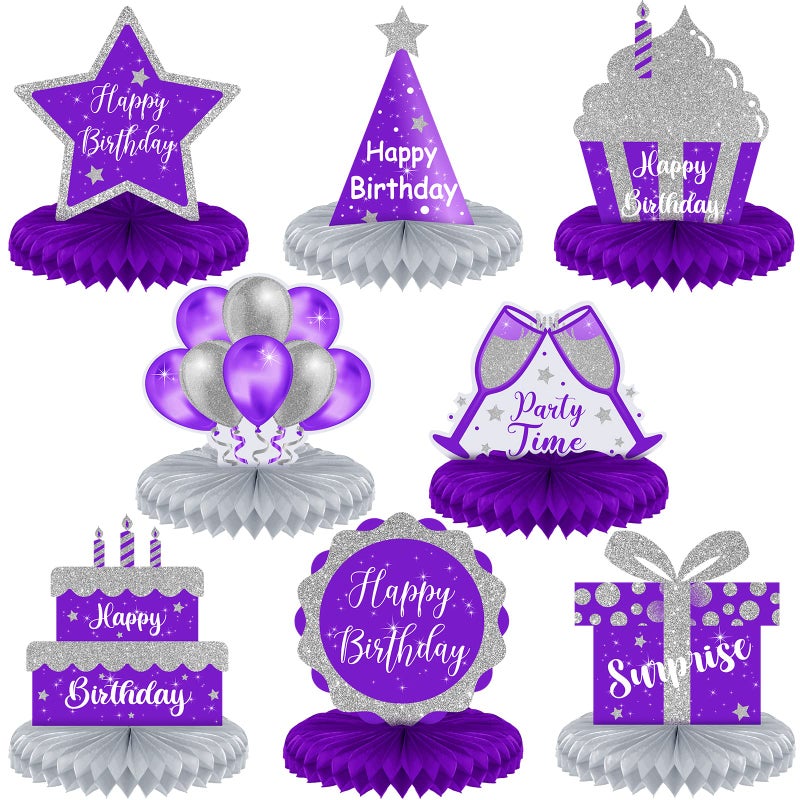 Yexiya 8 Pcs Purple and Silver Birthday Centerpiece Table Decoration Happy Birthday Honeycomb Centerpieces Honeycomb Table Toppers for Men Women Party Supplies - Image 3