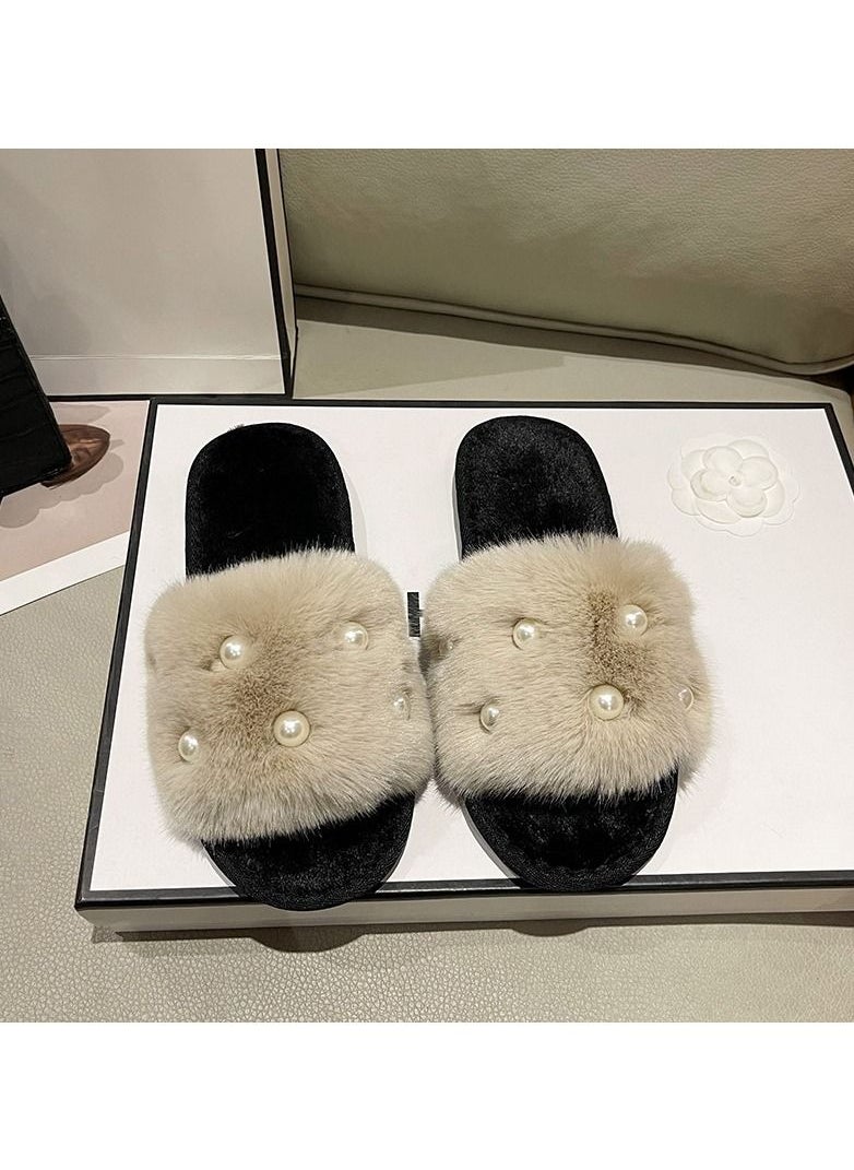Generic - Fashion Open Toe Home Slippers Women Flat Elegant Faux Fur Pearl Anti-slip Slippers - Image 1