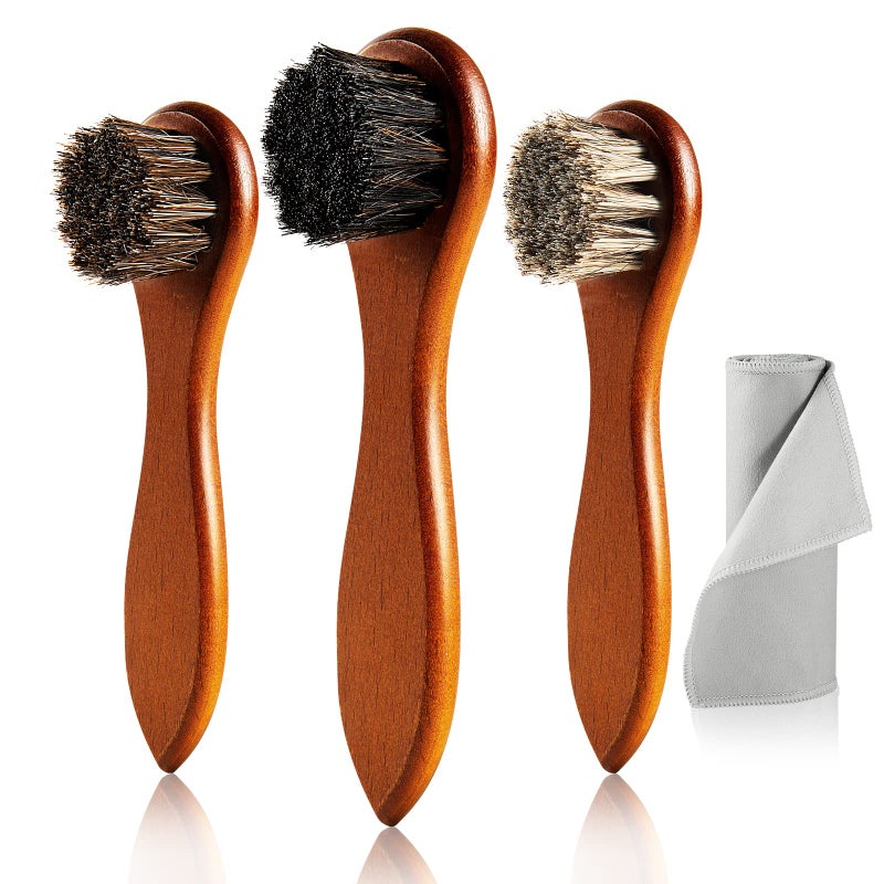 Unekez 4Piece Horse Hair Shoe Brush Shine Kit Shoe Polish Brush Leather Shoes Boot Cleaning Brushes Care Clean Dauber Applicator
