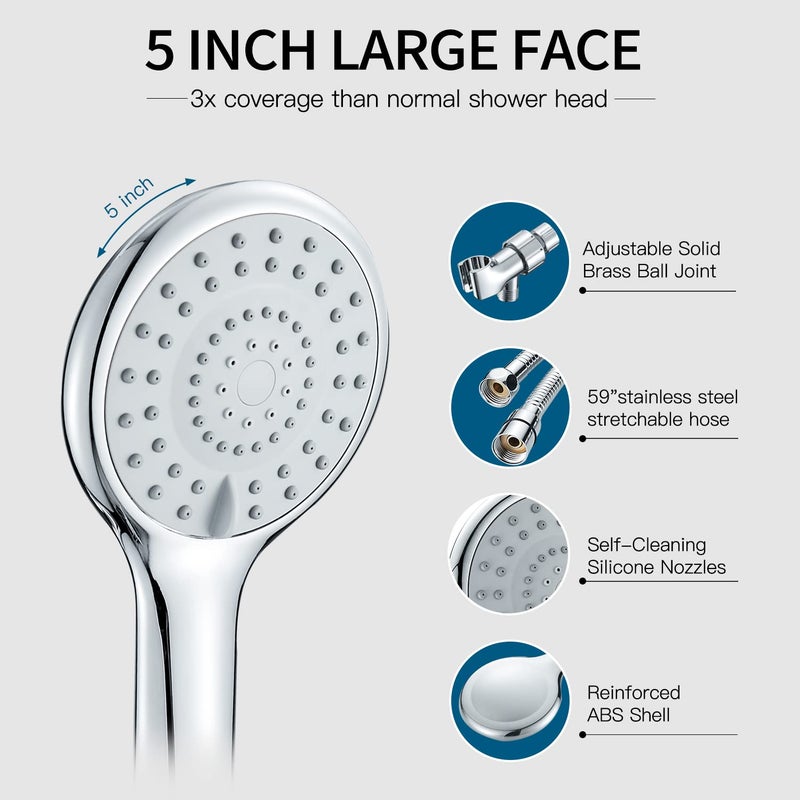Doiliese Shower Heads With Handheld Spray 5-Mode Hand Held Shower Head With Long Hose High Pressure And Detachable With Hose 60 Inch Chrome - Image 4