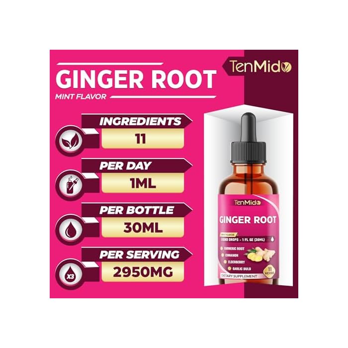Tenmido 11in1 Ginger and Turmeric Supplements Liquid Drops with Ceylon Cinnamon, Elderberry, Garlic, Fennel, Slippery Elm, Dandelion, Ginkgo Biloba, Cayenne Pepper, and Black Pepper - 30ml 1 Fl Oz - Image 3