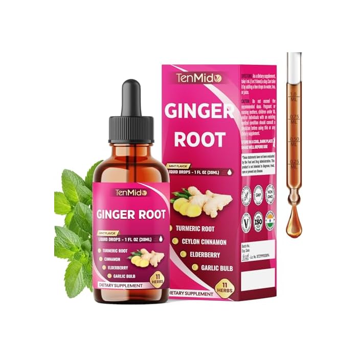Tenmido 11in1 Ginger and Turmeric Supplements Liquid Drops with Ceylon Cinnamon, Elderberry, Garlic, Fennel, Slippery Elm, Dandelion, Ginkgo Biloba, Cayenne Pepper, and Black Pepper - 30ml 1 Fl Oz - Image 1