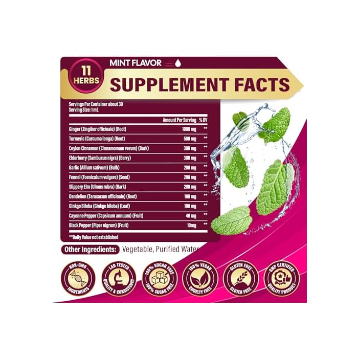Tenmido 11in1 Ginger and Turmeric Supplements Liquid Drops with Ceylon Cinnamon, Elderberry, Garlic, Fennel, Slippery Elm, Dandelion, Ginkgo Biloba, Cayenne Pepper, and Black Pepper - 30ml 1 Fl Oz - Image 2