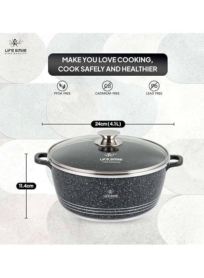 لايف سمايل قدر طهي بغطاء | قدر حساء من الألومنيوم المصبوب بغطاء زجاجي | خالٍ تمامًا من حمض بيرفلورو الأوكتانويك (PFOA)، بمقبض ثابت | مطلي بطبقة جرانيت متعددة الطبقات غير لاصقة | آمن للاستخدام في الفرن (أسود، 4.1 لتر) - Image 3