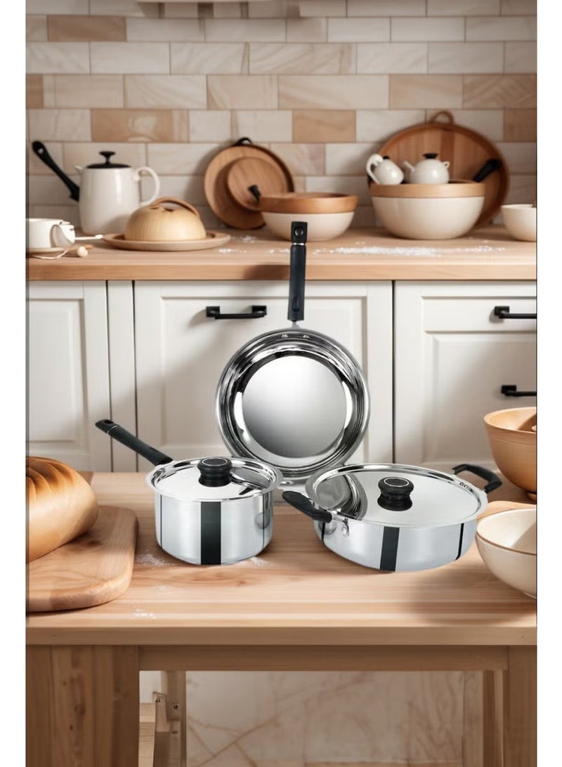 عربست مجموعة أواني طهي من الفولاذ المقاوم للصدأ مكونة من 5 قطع، درجة 304، آمنة للاستخدام في الفرن، آمنة للاستخدام في غسالة الأطباق، تتضمن مقلاة 24 سم، مقلاة كاداي 22 سم مع غطاء، مقلاة حليب 18 سم مع غطاء من الفولاذ المقاوم للصدأ، مجموعة طهي، وعاء طبخ، مجموعة أواني طهي المطبخ - Image 1