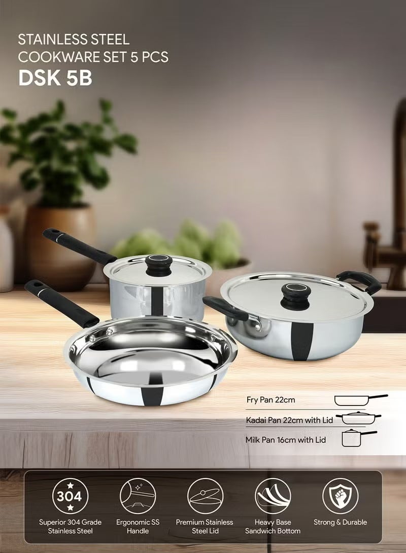 عربست مجموعة أواني طهي من الفولاذ المقاوم للصدأ مكونة من 5 قطع، درجة 304، آمنة للاستخدام في الفرن، آمنة للاستخدام في غسالة الأطباق، تتضمن مقلاة 24 سم، مقلاة كاداي 22 سم مع غطاء، مقلاة حليب 18 سم مع غطاء من الفولاذ المقاوم للصدأ، مجموعة طهي، وعاء طبخ، مجموعة أواني طهي المطبخ - Image 2