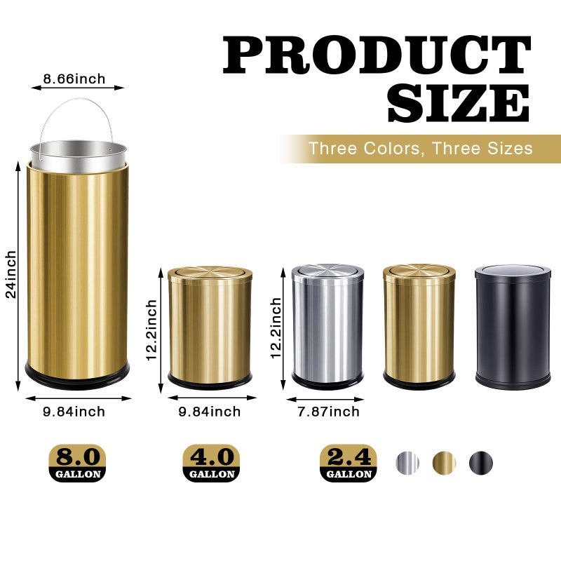 Maxdot 2 Pcs 2.4 Gallon/9 L Gold Bathroom Trash Can with Flip Lid and Toilet Brush Set, Small Luxury Stainless Steel Garbage Trash Can Wastebasket Bin for Home Office Hotel Bathroom Bedroom Kitchen - Image 2