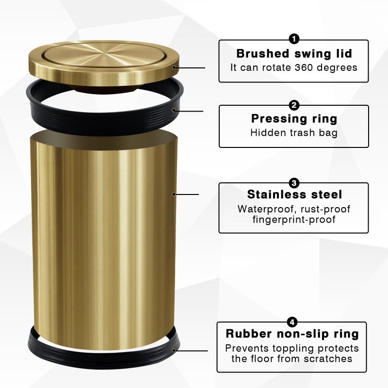 Maxdot 2 Pcs 2.4 Gallon/9 L Gold Bathroom Trash Can with Flip Lid and Toilet Brush Set, Small Luxury Stainless Steel Garbage Trash Can Wastebasket Bin for Home Office Hotel Bathroom Bedroom Kitchen - Image 3