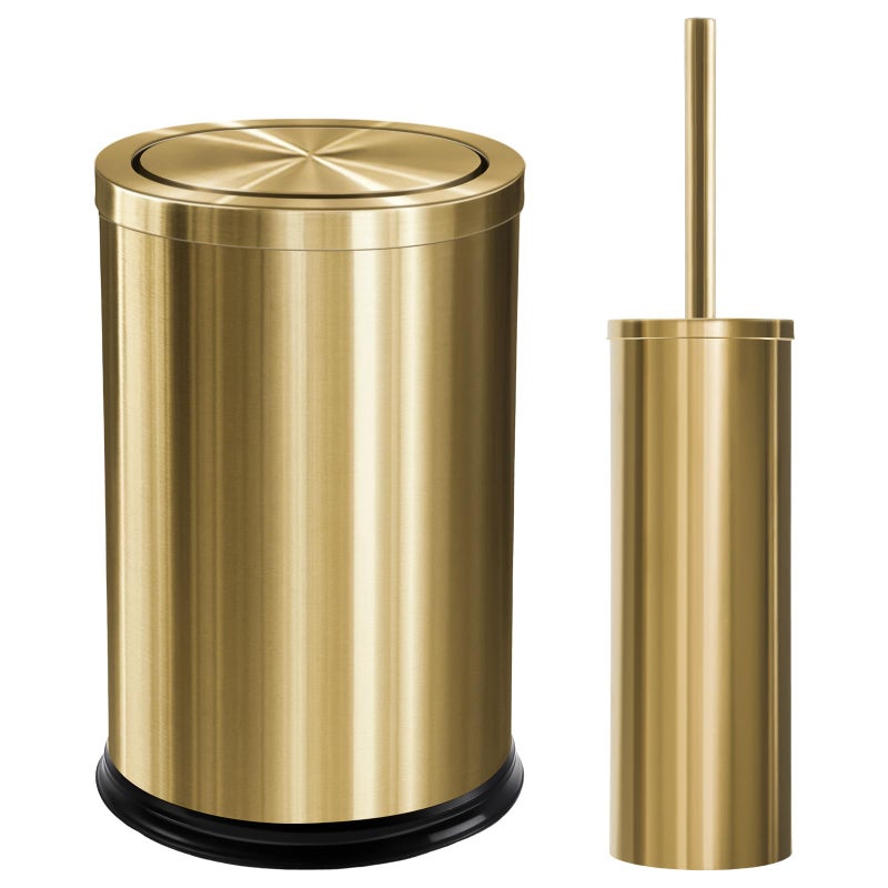 Maxdot 2 Pcs 2.4 Gallon/9 L Gold Bathroom Trash Can with Flip Lid and Toilet Brush Set, Small Luxury Stainless Steel Garbage Trash Can Wastebasket Bin for Home Office Hotel Bathroom Bedroom Kitchen - Image 1