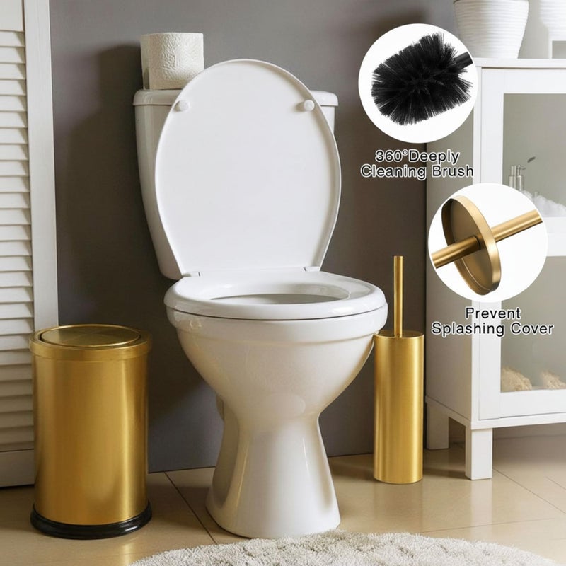 Maxdot 2 Pcs 2.4 Gallon/9 L Gold Bathroom Trash Can with Flip Lid and Toilet Brush Set, Small Luxury Stainless Steel Garbage Trash Can Wastebasket Bin for Home Office Hotel Bathroom Bedroom Kitchen - Image 4