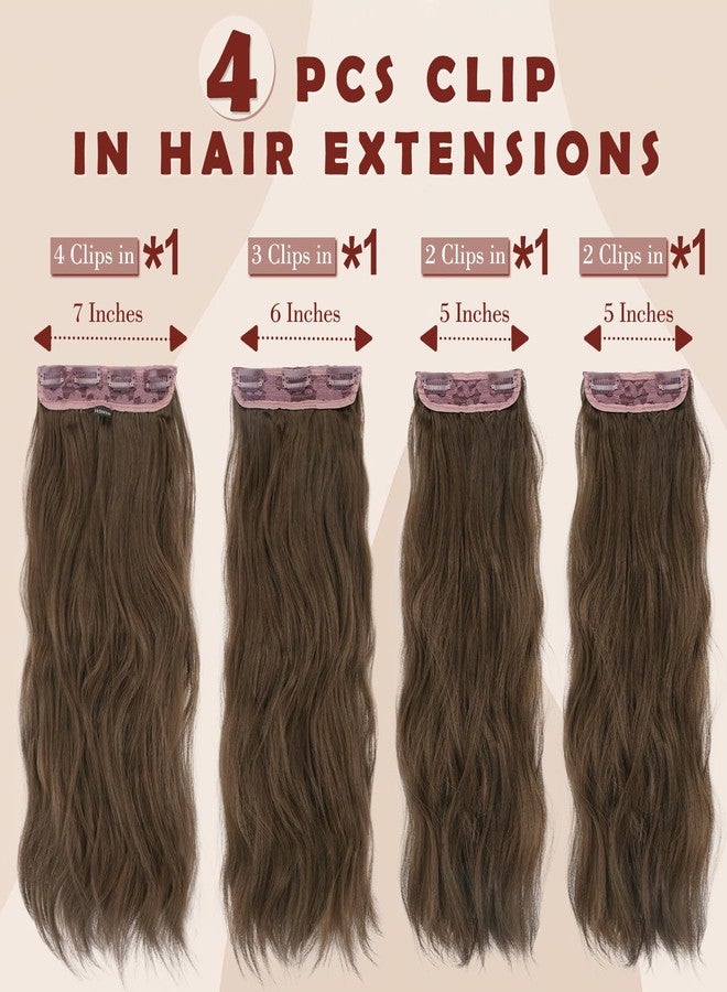 فيشبن وصلات شعر بمشابك من فيشفين للنساء - 4 قطع من وصلات الشعر الصناعية الطويلة والمموجة والناعمة ذات النسيج المزدوج السميك، بطول 20 بوصة، لون بني كستنائي - Image 2