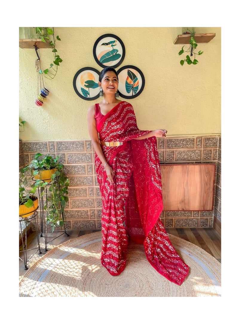 Georgette Ready To Wear Saree With Red And Silver Sequence Work Plus Golden Metal Belt and Unstitched Blouse