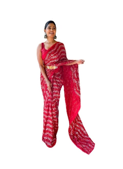Georgette Ready To Wear Saree With Red And Silver Sequence Work Plus Golden Metal Belt and Unstitched Blouse