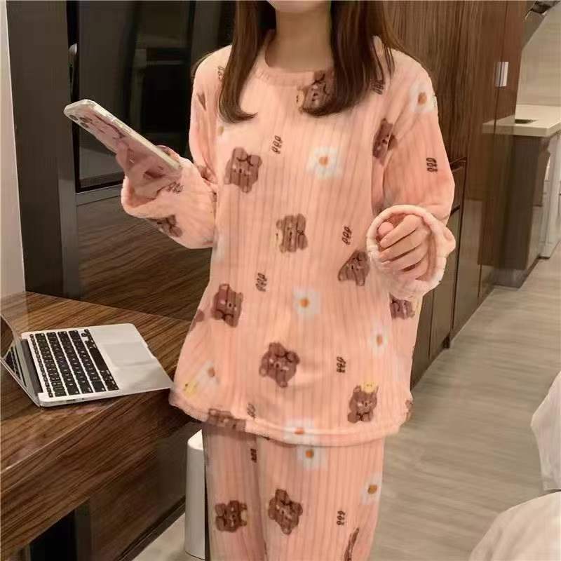 Cute Sweet Pajamas Women Can Wear Coral Fleece Warm Thickened Long Sleeve Home Clothes Suit - Image 1