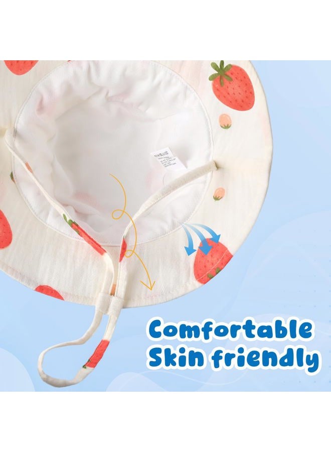 HONGTEYA 2 Pack Muslin Baby Sun Hat UPF 50+ Sun Protection Baby Bucket Hat with Wide Brim Beach Hats for Boys Girls, Pink + Strawberry, 0-6 Months - Image 4