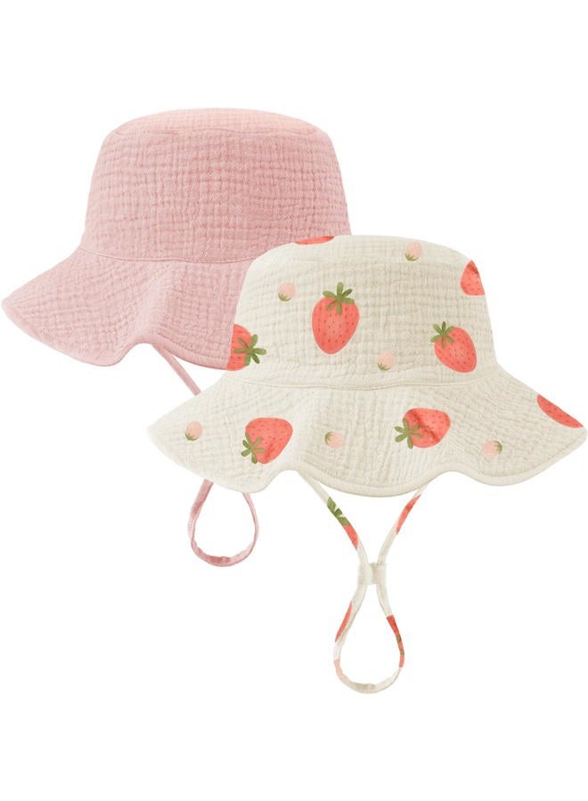 HONGTEYA 2 Pack Muslin Baby Sun Hat UPF 50+ Sun Protection Baby Bucket Hat with Wide Brim Beach Hats for Boys Girls, Pink + Strawberry, 0-6 Months - Image 1