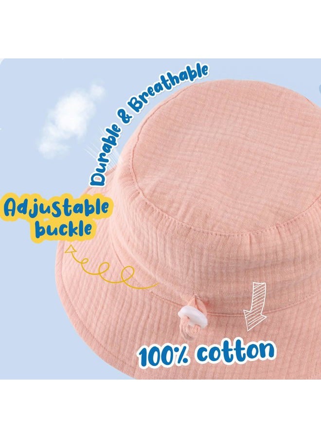 HONGTEYA 2 Pack Muslin Baby Sun Hat UPF 50+ Sun Protection Baby Bucket Hat with Wide Brim Beach Hats for Boys Girls, Pink + Strawberry, 0-6 Months - Image 2