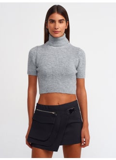 Dilvin 10487 Full Turtleneck Ribbed Short Sleeve Crop Sweater-Dark Gray  - Image 1