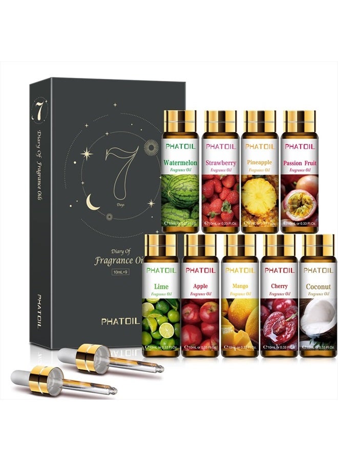 PHATOIL مجموعة هدايا زيوت عطرية فواكه 9 قطع، 10 مل/0.33 أونصة سائلة زيوت عطرية للصابون، صنع الشموع، قنابل الاستحمام، زيوت معطرة بالفواكه للناشرات في المنزل - Image 1