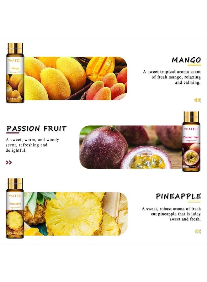 PHATOIL مجموعة هدايا زيوت عطرية فواكه 9 قطع، 10 مل/0.33 أونصة سائلة زيوت عطرية للصابون، صنع الشموع، قنابل الاستحمام، زيوت معطرة بالفواكه للناشرات في المنزل - Image 3
