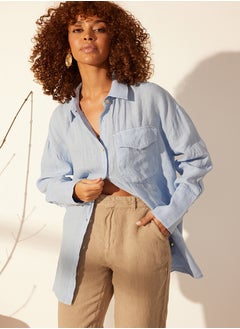 trendyol Blue 100% Linen Oversize Shirt TWOSS24GO00125  - Image 2