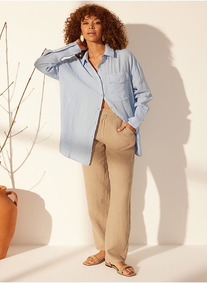 trendyol Blue 100% Linen Oversize Shirt TWOSS24GO00125  - Image 1