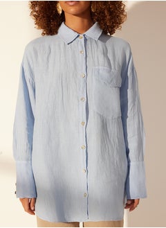 trendyol Blue 100% Linen Oversize Shirt TWOSS24GO00125  - Image 4